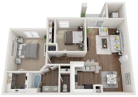 Floor plan for 2 beds, 1 bath, 890 sqft